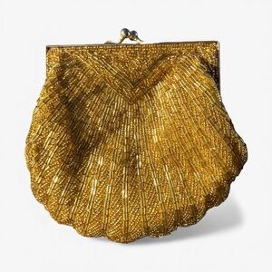 Vintage Gold Beaded Shell Clutch Purse Crossbody – Evening Bag, 80s/90s Handmade